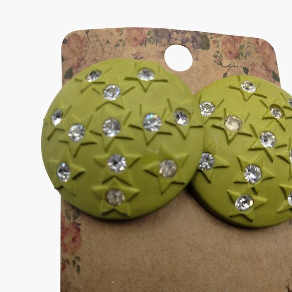 Green Star Button Earrings Rhinestones Pierced Posts Whimsy - Picture 3 of 9